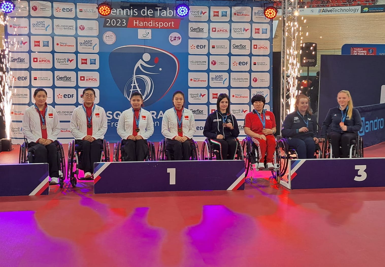 ITTF SQY French Para Open 2023 podio del doppio femminile di classe WD10 con Carlotta Ragazzini e la coreana Lee Mi Gyu di bronzo