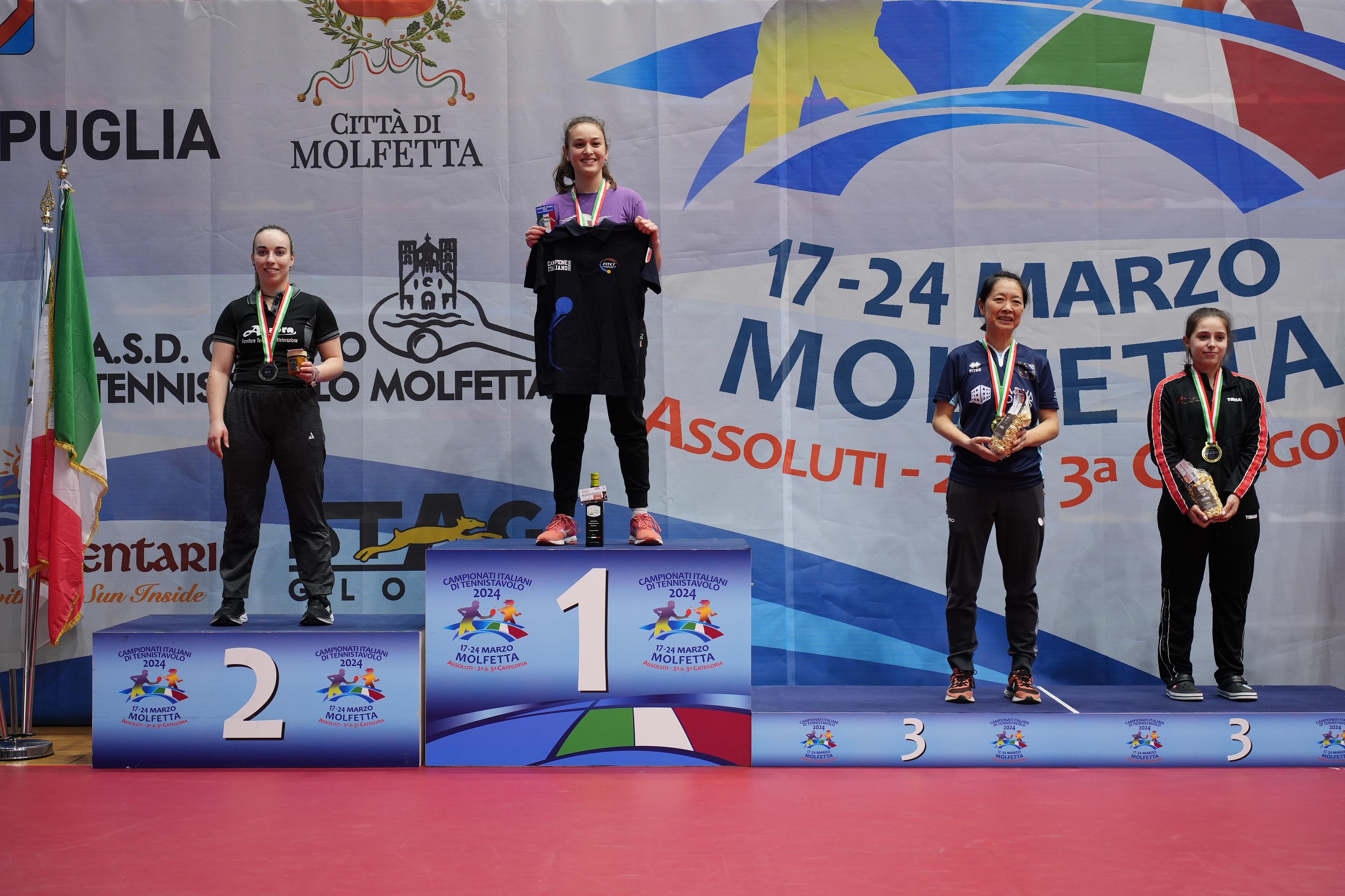Campionati Assoluti di seconda e di terza categoria di Molfetta 2024 podio del singolare femminile di seconda categoria