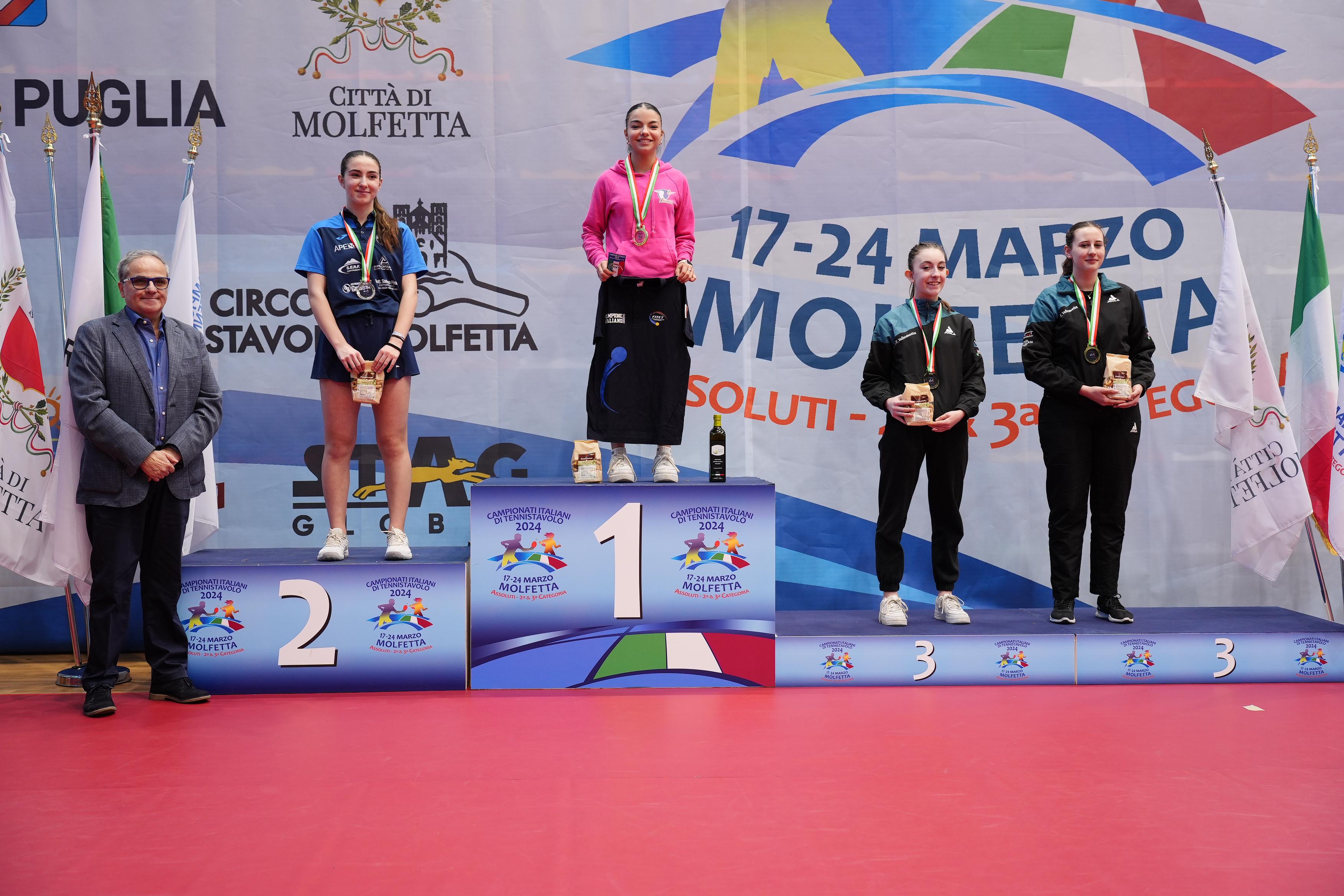 Campionati Assoluti di seconda e di terza categoria di Molfetta 2024 podio del singolare femminile di terza categoria