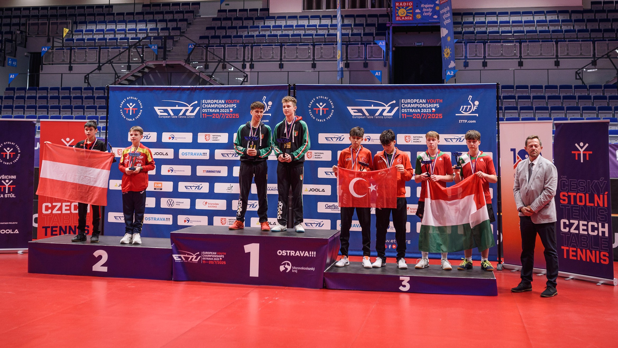 Campionati Europei Giovanili 2025 podio del doppio maschile Under 15 con Faso e Trevisan campioni