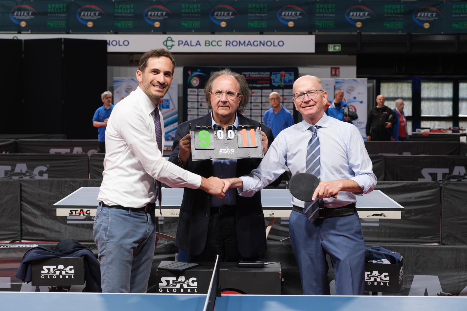 Campionati Italiani Paralimpici e Parkinson di Cesena 2026 il sindaco Enzo Lattuca il giudice arbitro Salvatore Palermo e il vicepresidente Paolo Puglisi