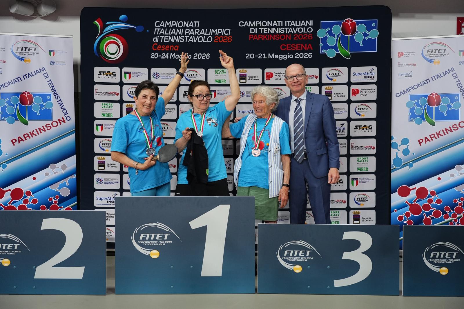 Campionati Italiani Parkinson 2026 podio del singolare femminile di classe 2