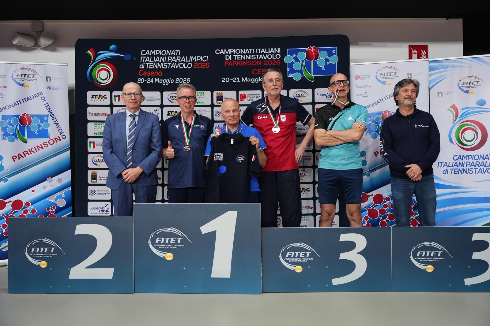 Campionati Italiani Parkinson 2026 podio del singolare maschile di classe 1
