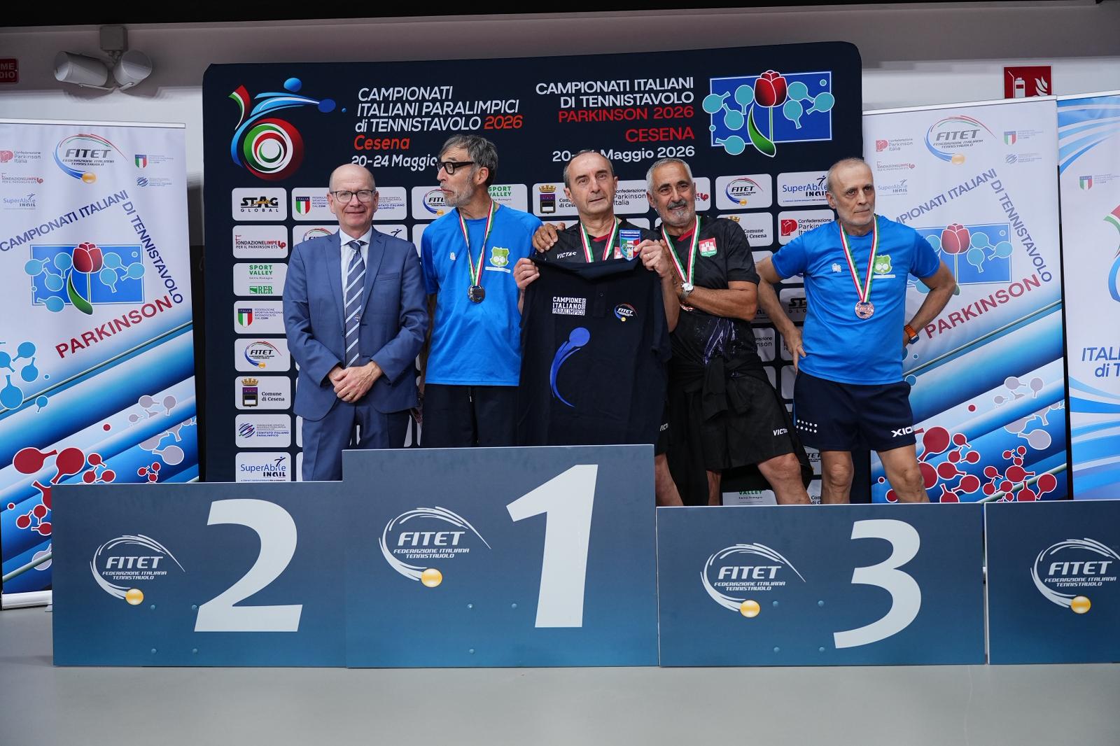 Campionati Italiani Parkinson 2026 podio del singolare maschile di classe 2