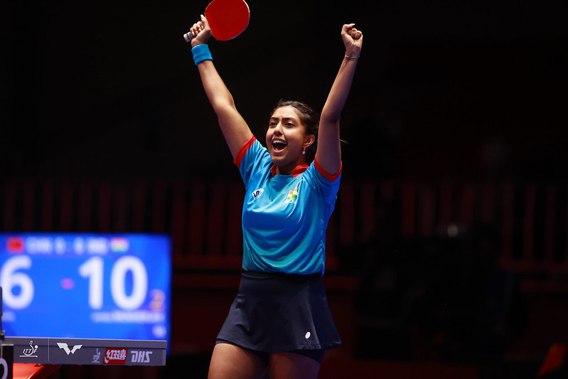 Campionati Mondiali a squadre di Busan 2024 Ayhika Mukherjee esulta dopo aver battuto Sun Yingsha