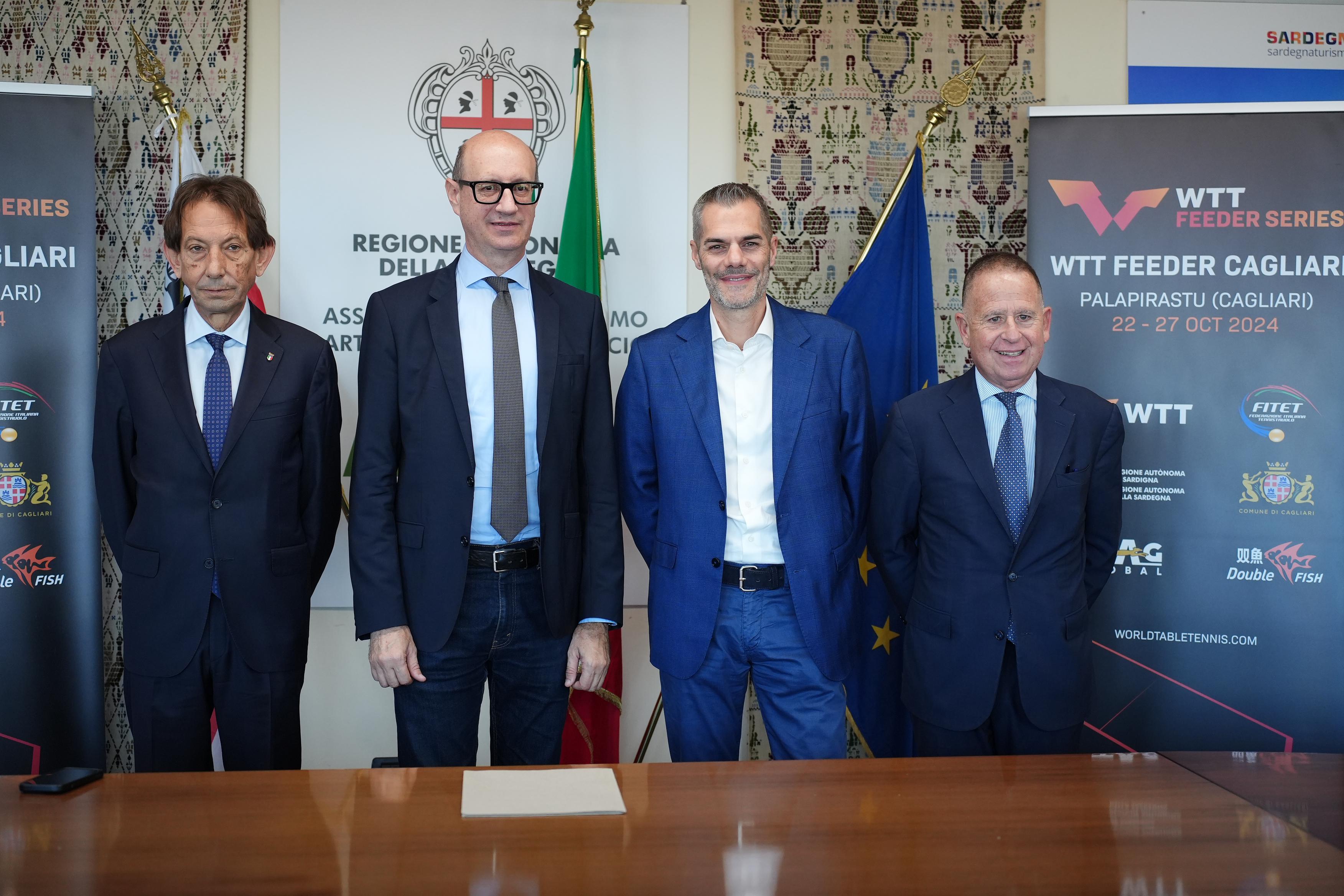 Conferenza stampa WTT Feeder Cagliari 2024 da sinistra Bruno Perra Franco Cuccureddu Simone Carrucciu e Giuseppe Macciotta