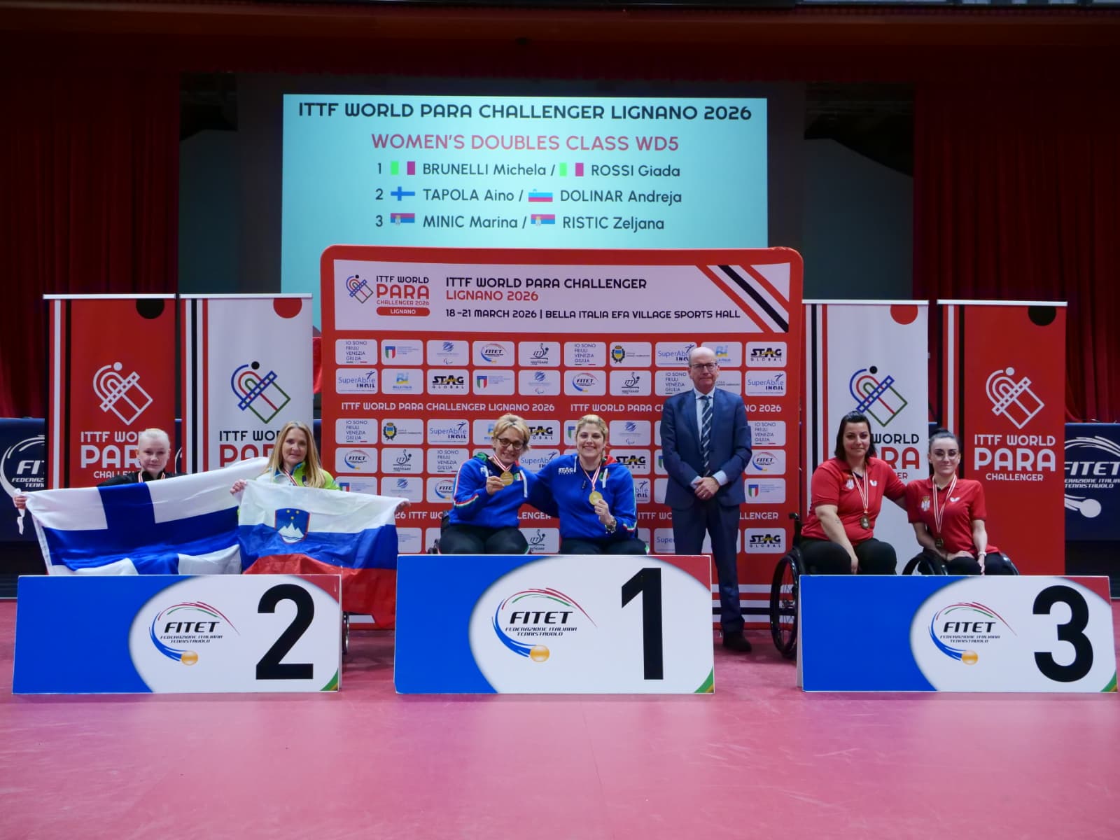 ITTF_World_Para_Challenger_Lignano_2026_podio_del_doppio_femminile_di_classe_WD5_con_Michela_Brunelli_e_Giada_Rossi_oro