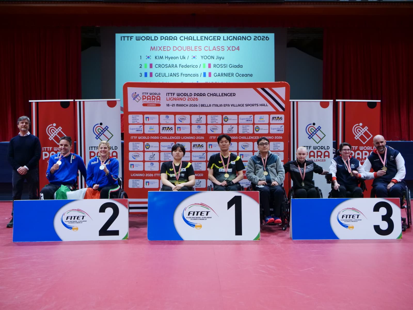 ITTF World Para Challenger Lignano 2026 podio del doppio misto di classe XD4 con Federico Crosara e Giada Riossi argento