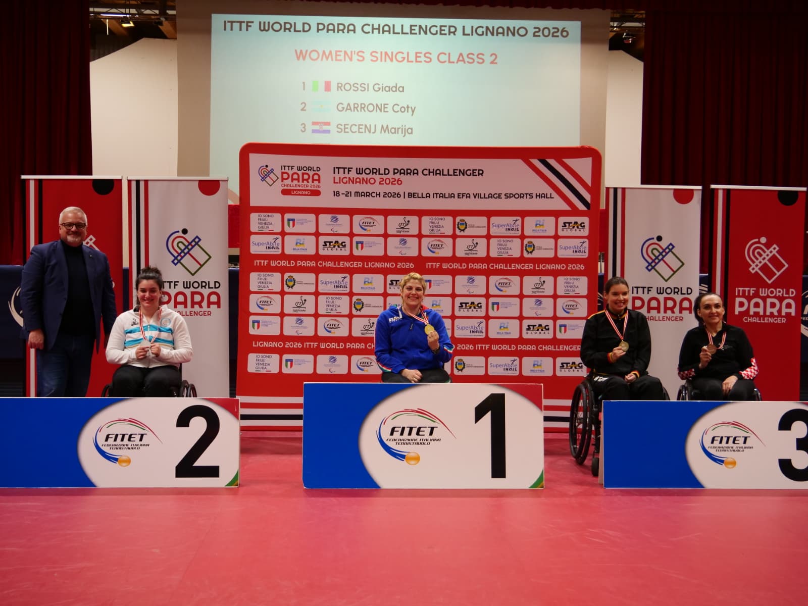 ITTF World Para Challenger Lignano 2026 podio del singolae di classe 2 con Giada Rossi oro