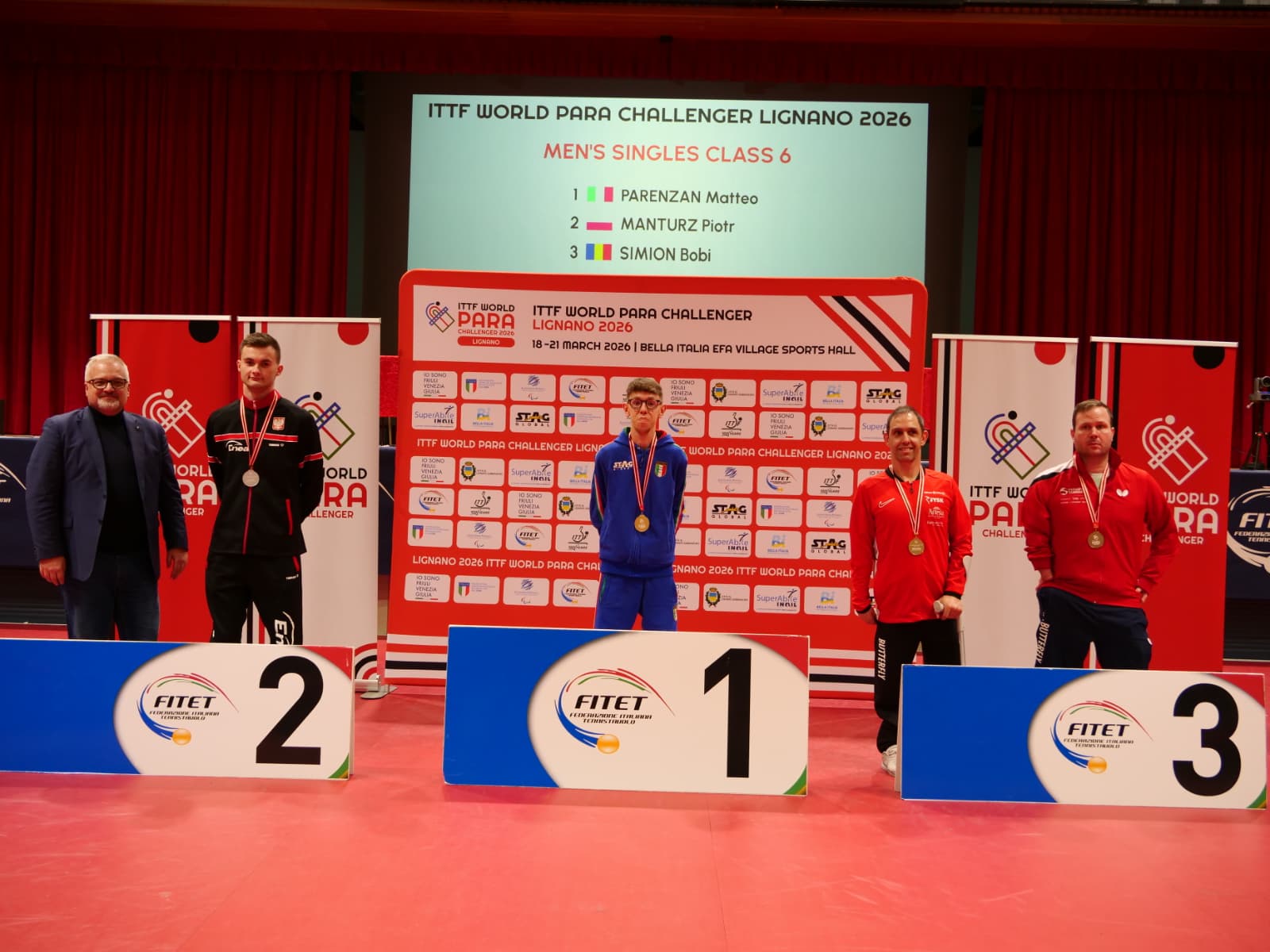 ITTF World Para Challenger Lignano 2026 podio del singolae di classe 6 con Matteo Parenzan oro