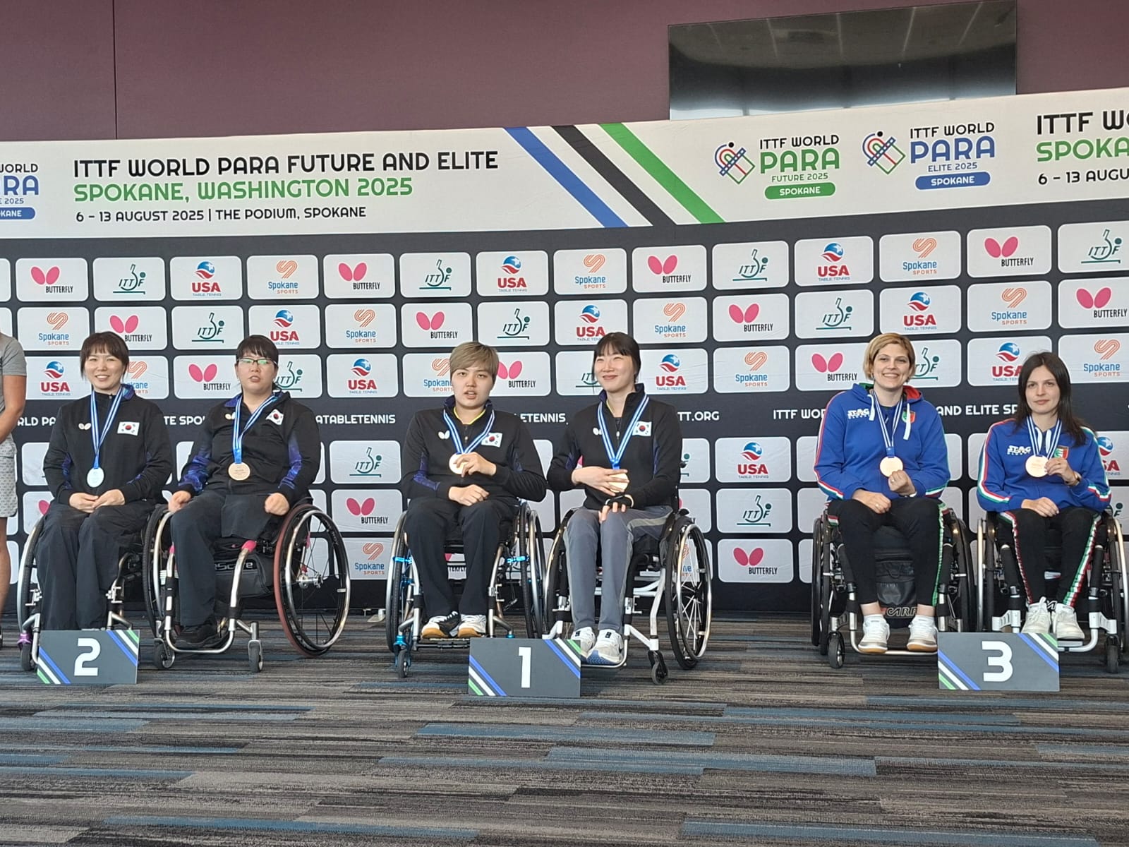 ITTF World Para Elite Spokane 2025 podio del doppio femminile di classe WD5 10 con Carlotta Ragazzini e Giada Rossi di bronzo