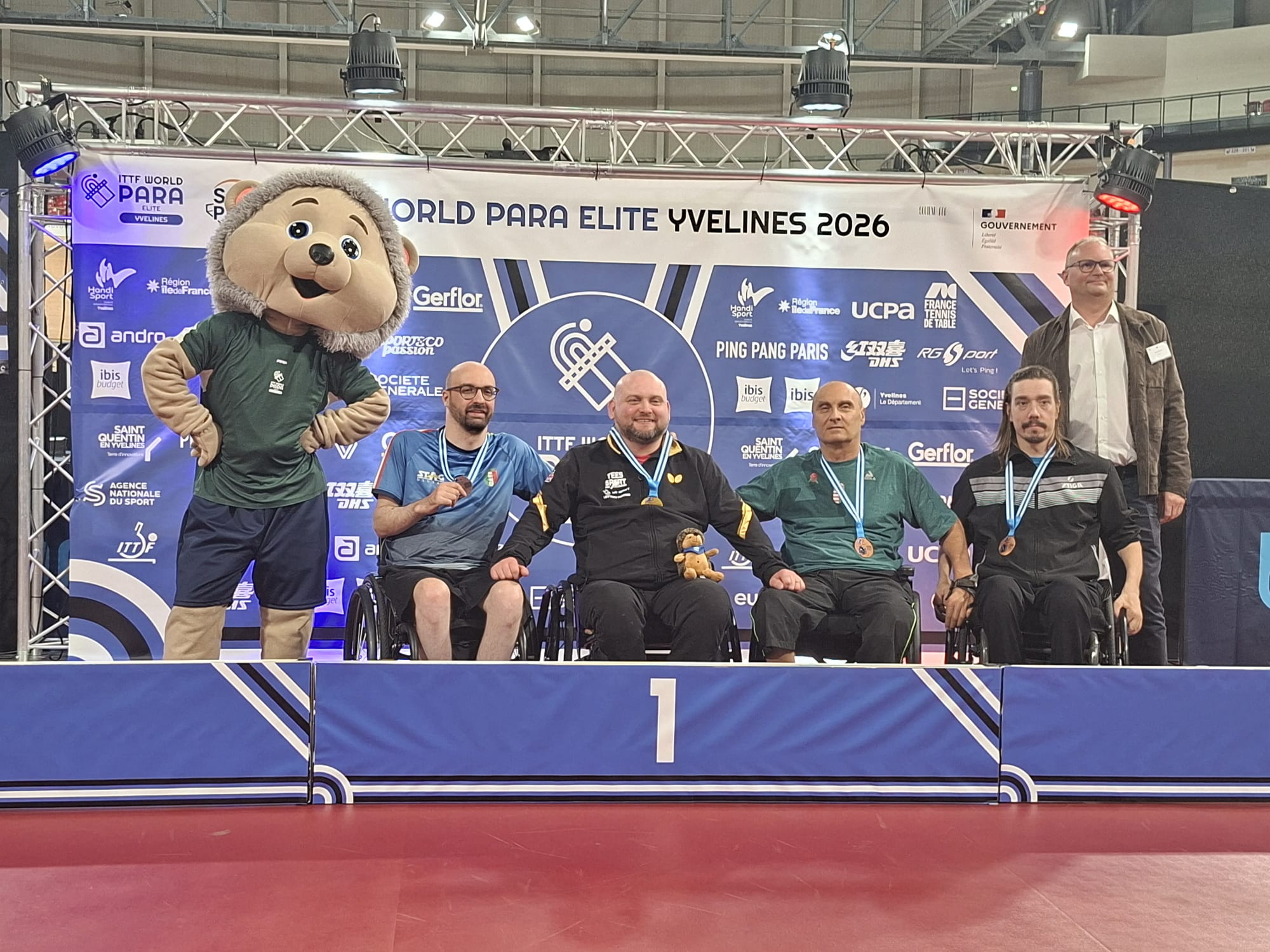 ITTF World Para Elite Yvelines 2026 podio del singolare di classe 1 con Federico Falco argento