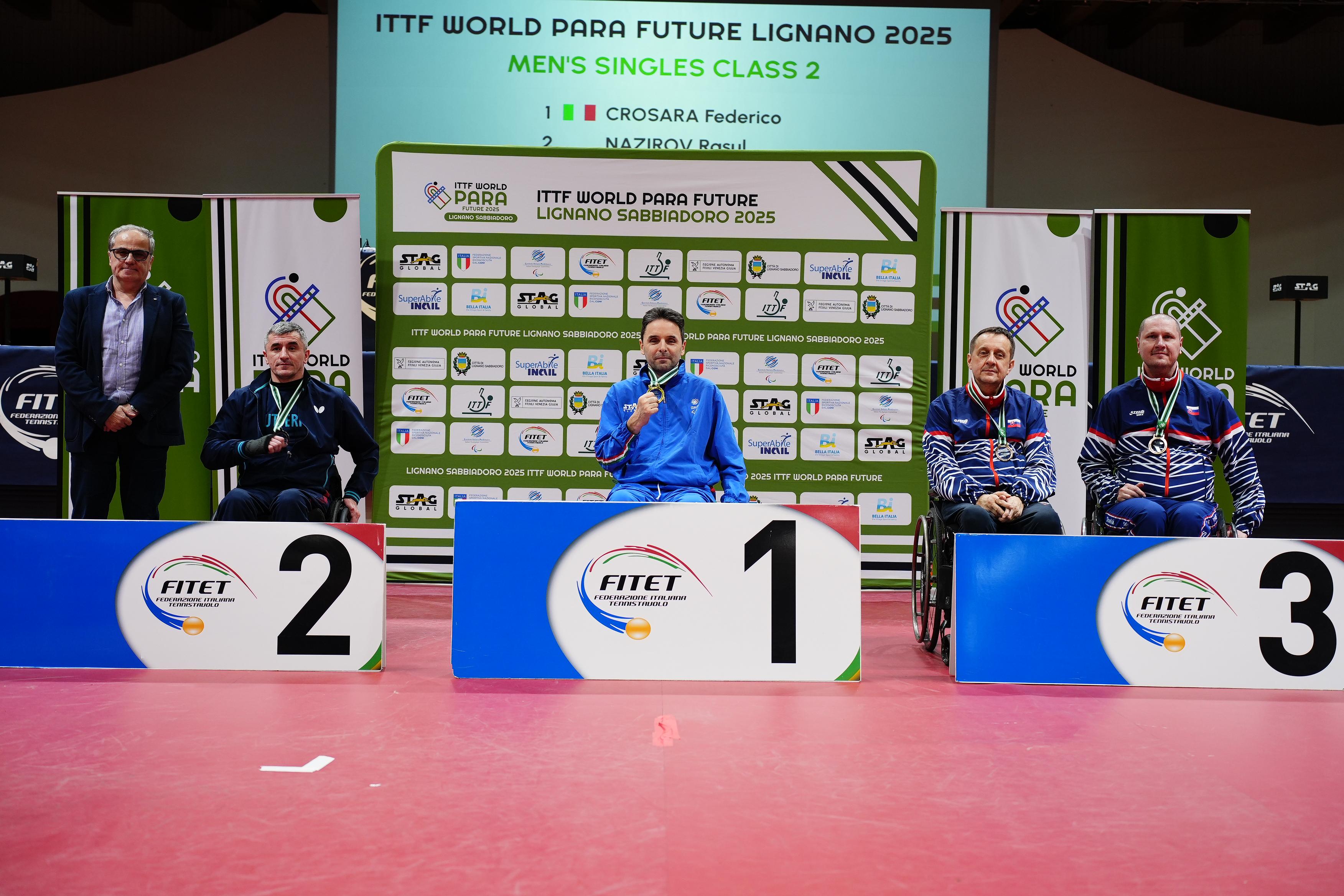 ITTF World Para Future Lignano 2025 podio del singolare maschile di classe 2 con Federico Crosara doro