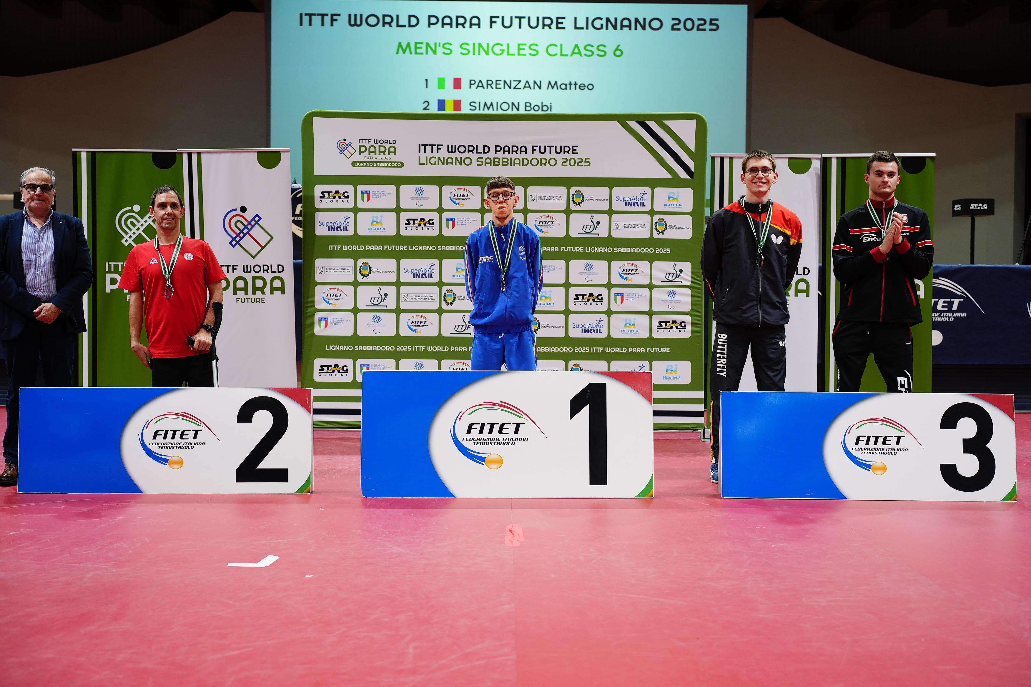 ITTF World Para Future Lignano 2025 podio del singolare maschile di classe 6 con Matteo Parenzan doro