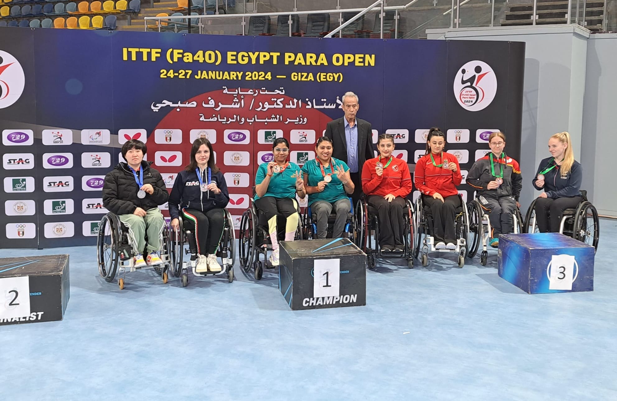 Open di Egitto paralimpico 2024 podio del doppio femminile WD10 con Carlotta Ragazzini e la coreana Lee Mi Gyu argento