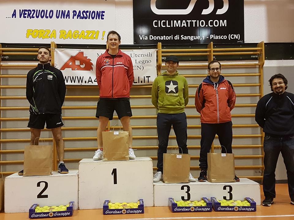 Podio singolare assoluto maschile torneo Open Verzuolo gennaio 2018