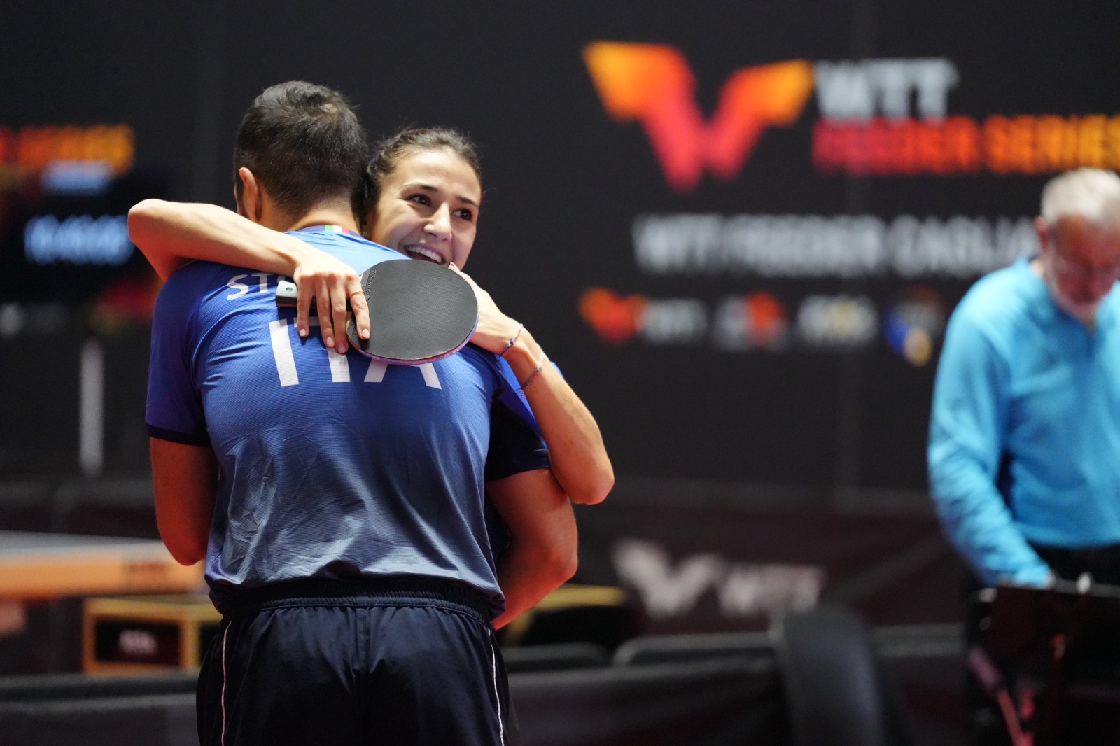 WTT Feeder Cagliari 2024 abbraccio Niagol Stoyanov e Giorgia Piccolin