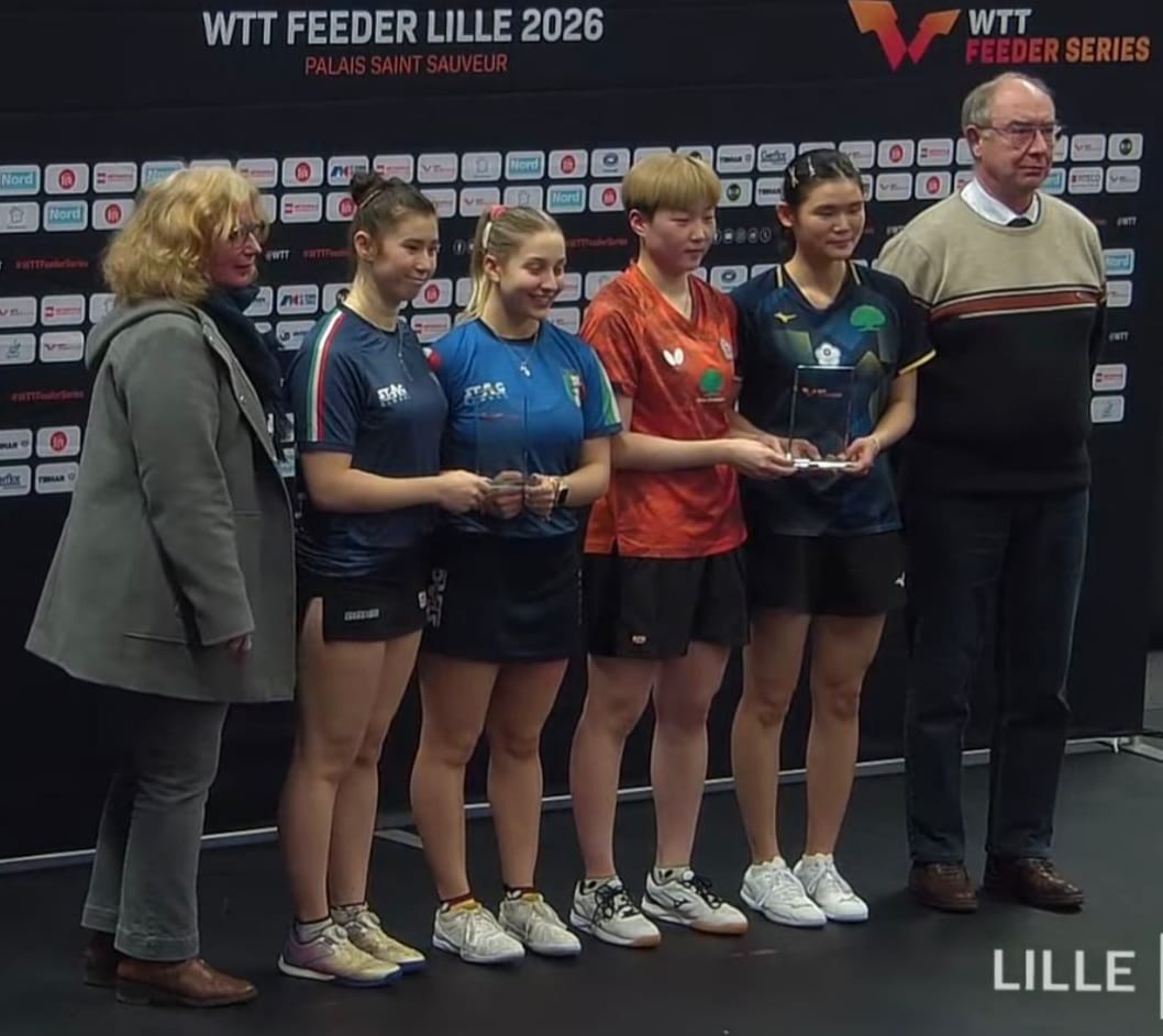 WTT_Feeder_Lille_2026_podio_del_doppio_femminile_con_Gaia_Monfardini_e_Nicole_Arlia_seconde