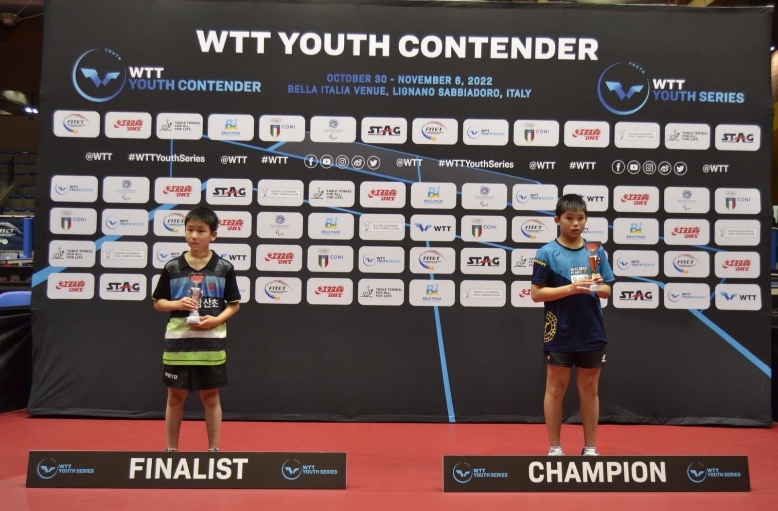 WTT Youth Contender Lignano 2022 podio singolare maschile Under 11 Chen Kai Cheng e Ma Yeongjun
