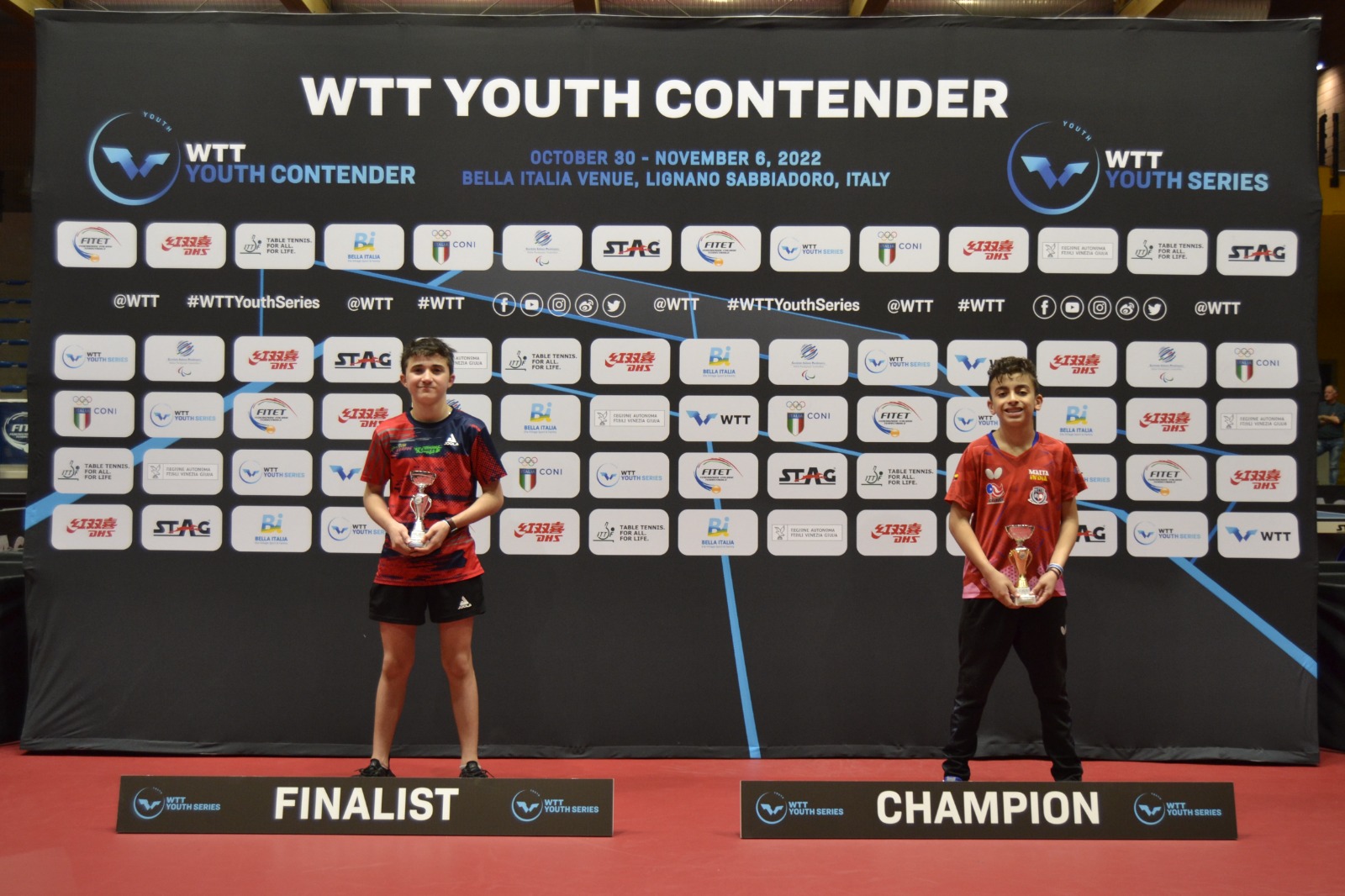 WTT Youth Contender Lignano 2022 podio singolare maschile Under 13 Steven Moreno ed Enrique Rios