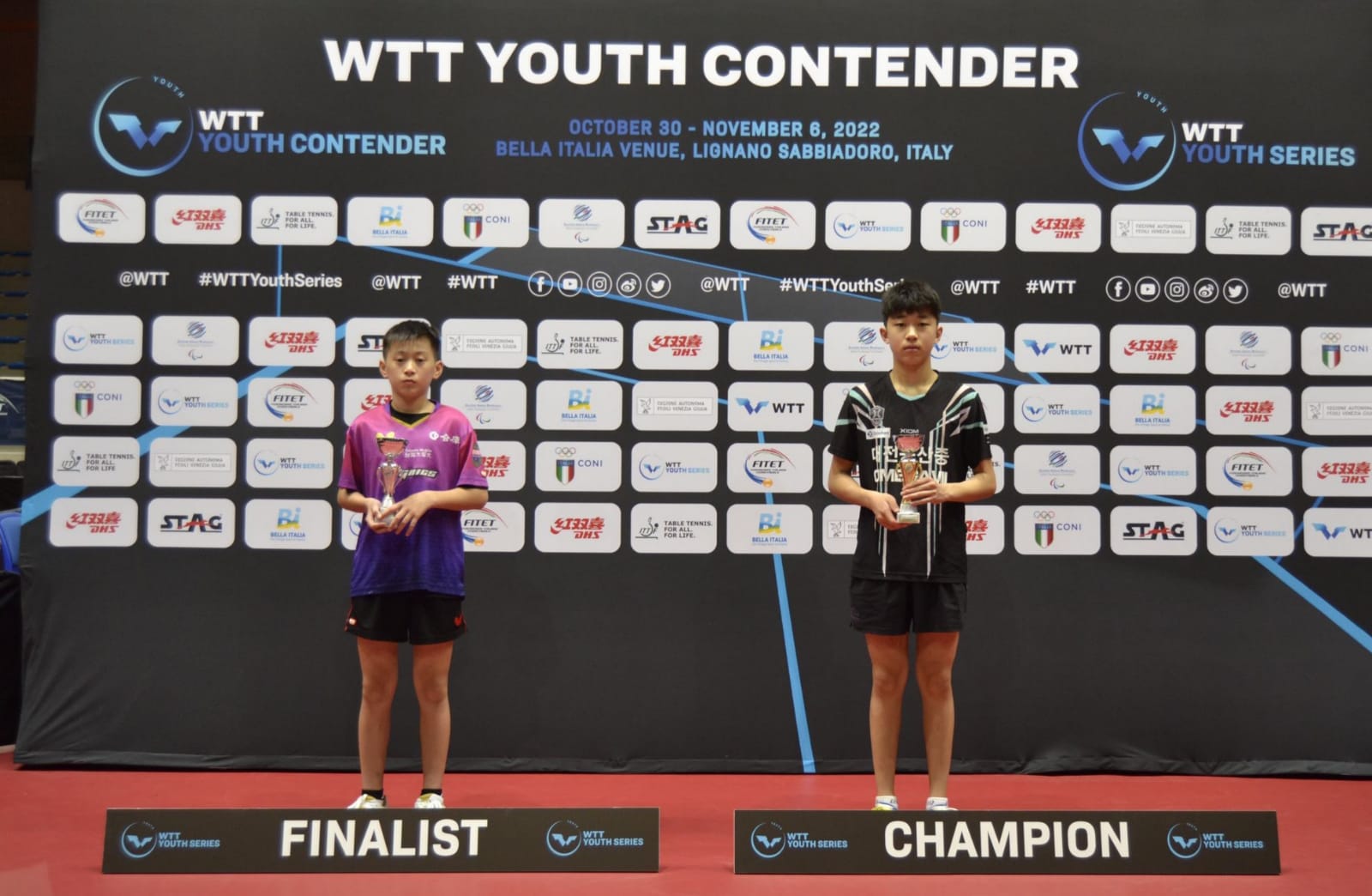 WTT Youth Contender Lignano 2022 podio singolare maschile Under 15 Kwon Hyuk e Kuo Guan Hong