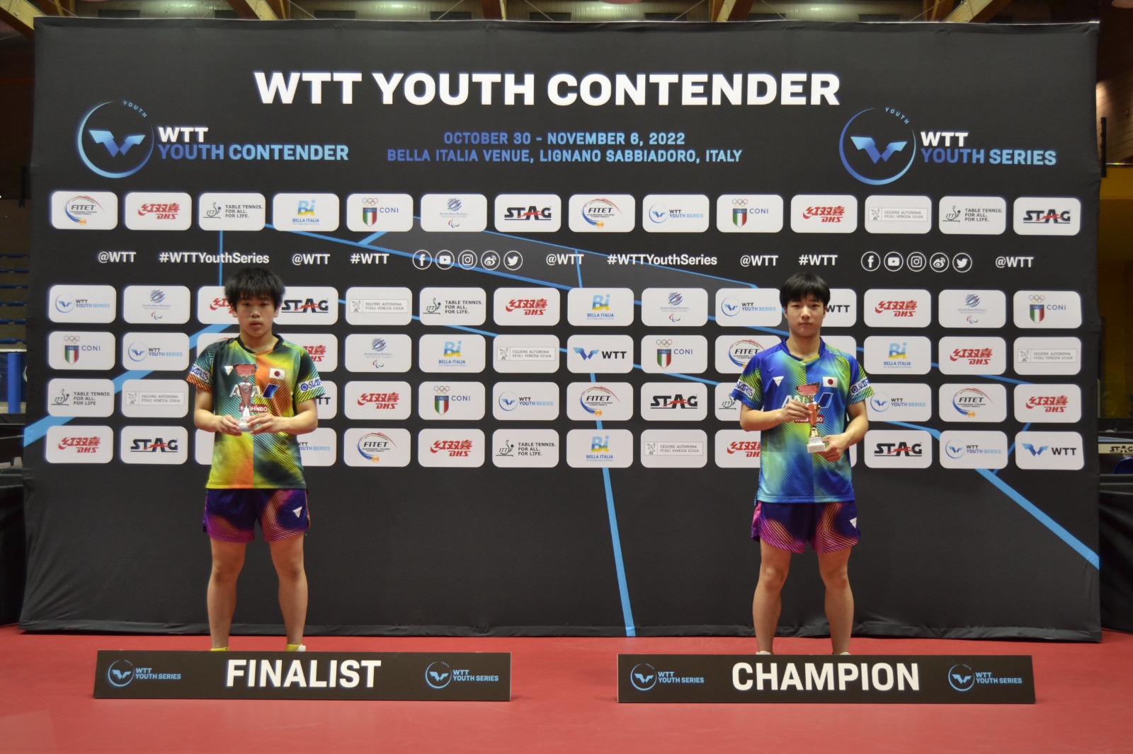 WTT Youth Contender Lignano 2022 podio singolare maschile Under 17 Keishi Hagihara e Kazuki Yoshiyama
