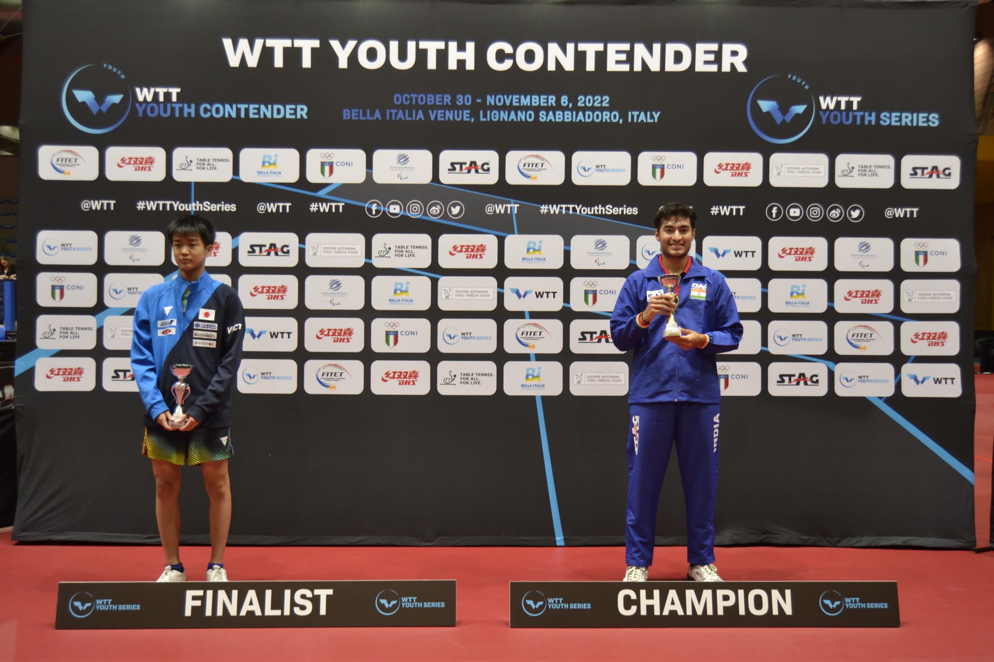WTT Youth Contender Lignano 2022 podio singolare maschile Under 19 Payas Jain e Yuhi Sakai